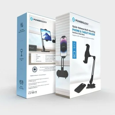 Powerology Adjustable Long Arm 360&deg; Rotatable Suction Phone Holder - Black